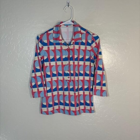 J.McLaughlin Shirt Womens Small Multi Geometric 3/4 Sleeve Button Front Stretch - Picture 1 of 7